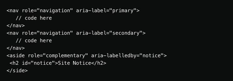 Código html donde indica landmarks ARIA como role="navigation" o role="complementary"