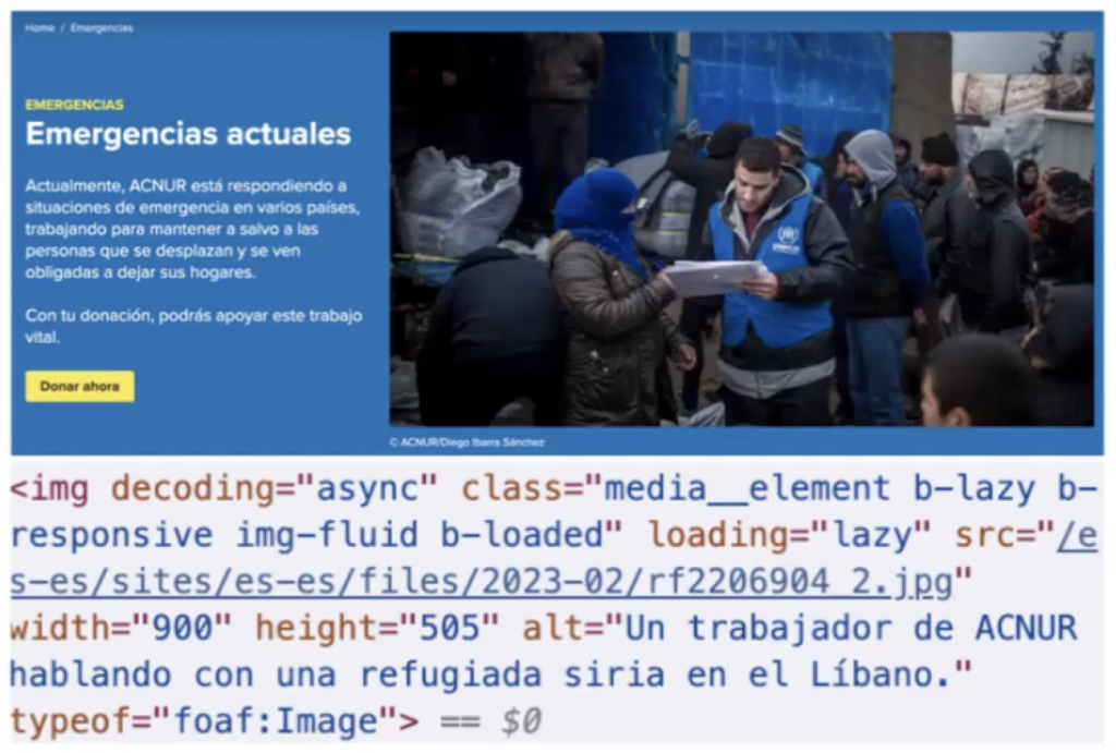 Imagen web donde podemos ver su código y en el Alt indica la descripción detallada de la imagen: alt="Un trabajador de ACNUR hablando con una refugiada siria en el Líbano"