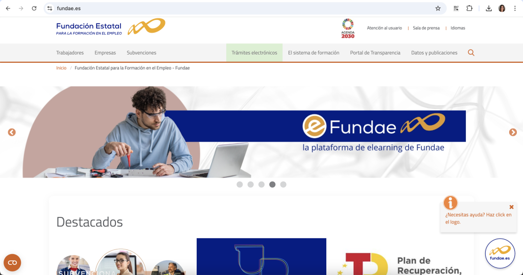 Captura de pantalla de la web oficial de FUNDAE