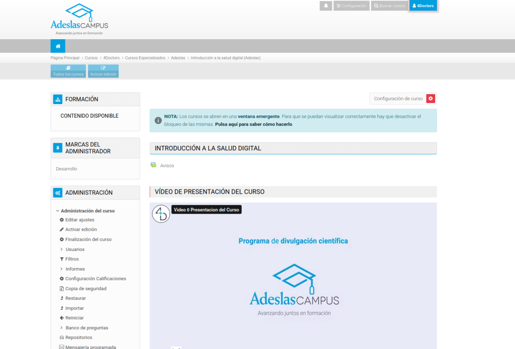 Plataforma formacion para la empresa de Adeslas