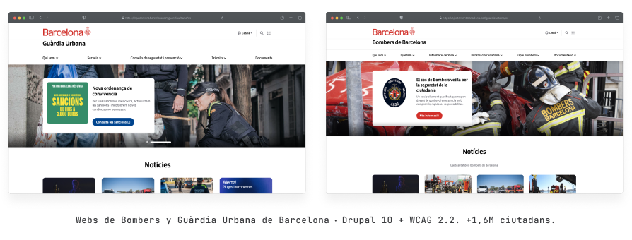 Captures de pantalla de les noves pàgines web de l'Ajuntament de Barcelona: a l'esquerra, el setge de la Guàrdia Urbana i, a la dreta, el de Bombers de Barcelona, ​​mostrant un disseny net, accessible i modern amb menús de navegació i seccions de notícies.