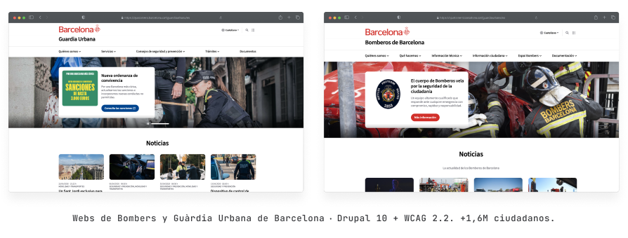 Capturas de pantalla de las nuevas páginas web del Ajuntament de Barcelona: a la izquierda, el sitio de la Guàrdia Urbana y, a la derecha, el de Bombers de Barcelona, mostrando un diseño limpio, accesible y moderno con menús de navegación y secciones de noticias.