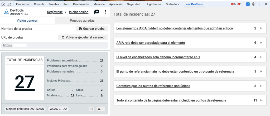 Captura de axe DevTools mostrando 27 incidencias de accesibilidad detectadas en una auditoría real.