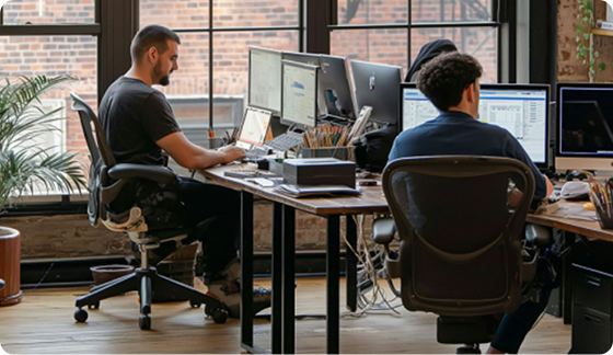 Dos professionals treballant concentrats davant dels seus ordinadors, representant els ciutadans que busquen i gestionen ofertes d'ocupació a través del nou cercador intel·ligent.