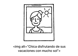 Marco de imagen con el código <img alt=""> superpuesto, mostrando el error de texto alternativo vacío