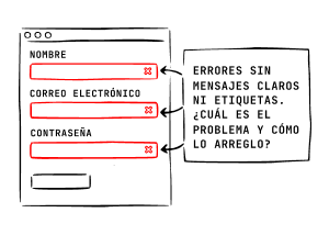 Formulario con varios campos marcados en rojo y un aviso genérico de errores, sin ningún mensaje que explique qué falla en cada campo