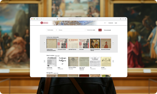 Mockup de un portátil mostrando la interfaz del portal Trencadís frente a la vista de un museo o biblioteca histórica.