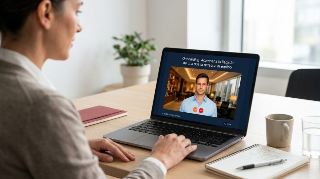 Una profesional practica una conversación con un avatar de IA en el simulador SimulaTalent. En la pantalla, el escenario «Onboarding: acompaña la llegada de una nueva persona al equipo».