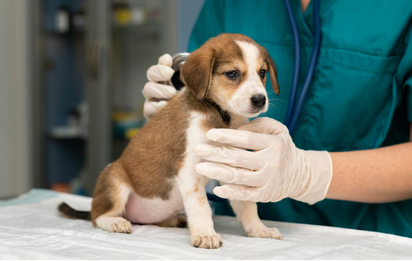 Caso de éxito de AVEPA – Desarrollo a medida e integraciones Profesional veterinario examinando con fonendoscopio a un cachorro de perro sobre una mesa de consulta